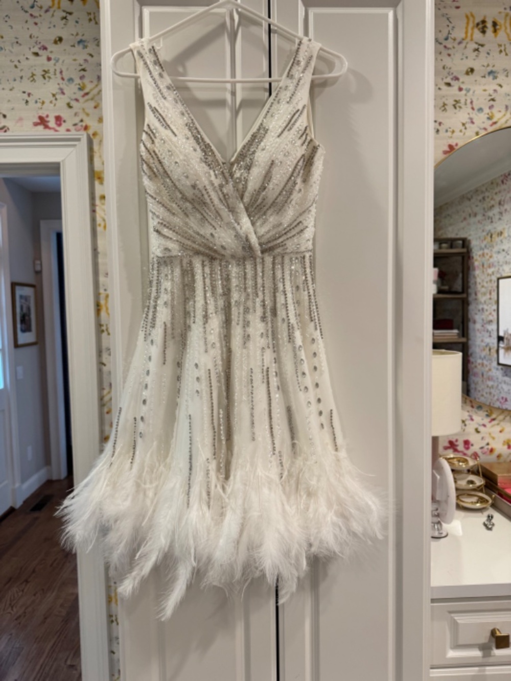 Andrea & Leo A1012 White Beaded Cocktail Dress | Feather Hem Size 2 - Picture 7 of 8